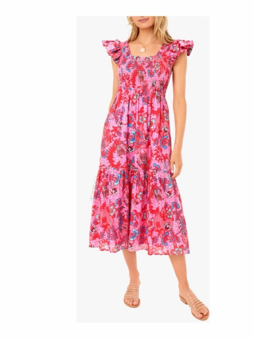 Tuckernuck Pink Floral Tiered Midi Dress with Ruffle Sleeves Size med